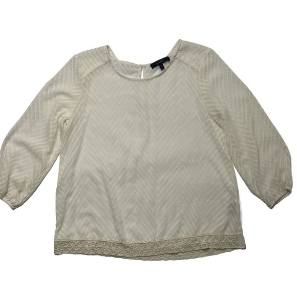 Eclair S Women’s Blouse Balloon Sleeve Cream Lace Hem Career*1 Fabric Spot Geo - Picture 1 of 11